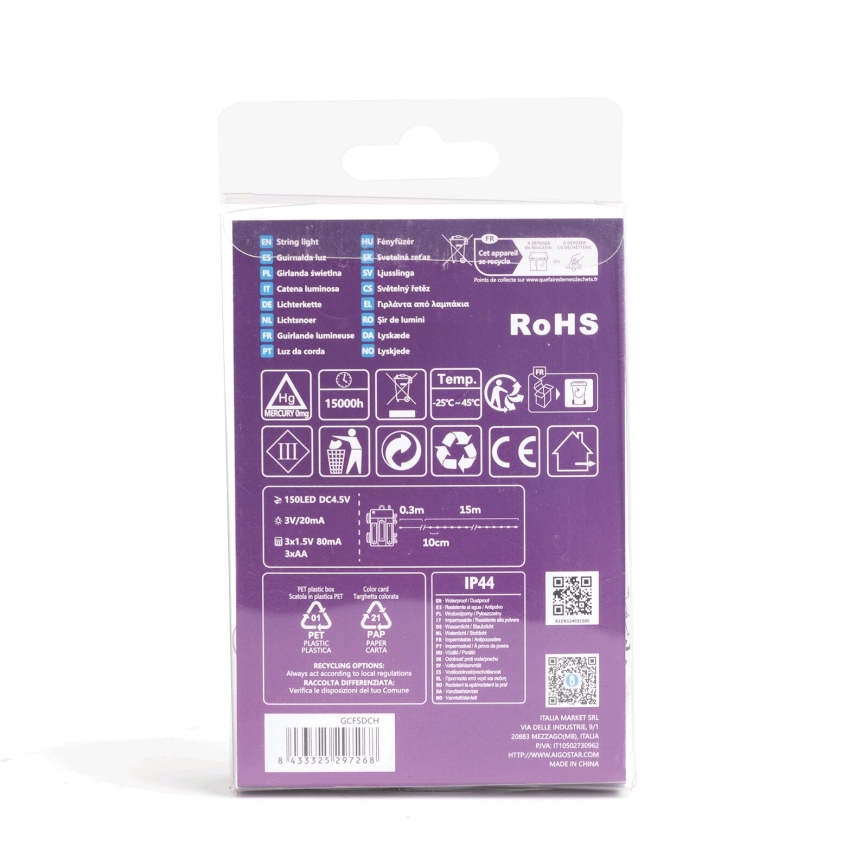 Aigostar - LED Lauko girlianda 150xLED/8 funkcijų/3xAA 15,3m IP44 šaltai balta
