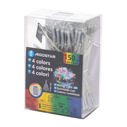 Aigostar -LED Lauko  girlianda 150xLED/8 funkcijos 3xAA 15,3m IP44 daugiaspalvė