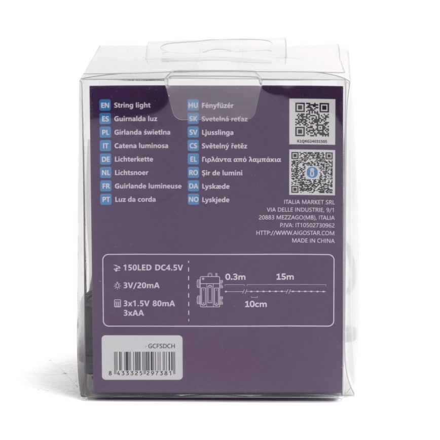 Aigostar -LED lauko girlianda 150xLED/8 funkcijų 3xAA 15,3m IP44 daugiaspalvė