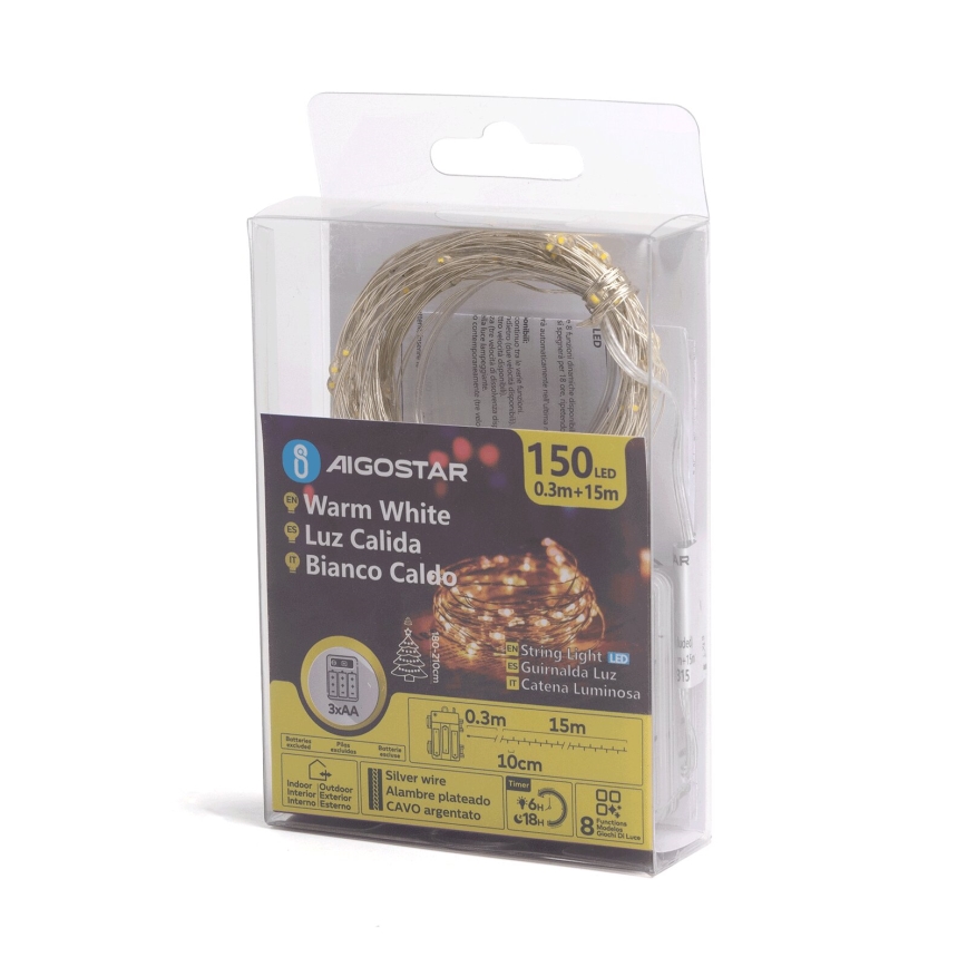Aigostar -LED lauko girlianda 150xLED/8 funkcijų 3xAA 15,3m IP44 šiltai balta