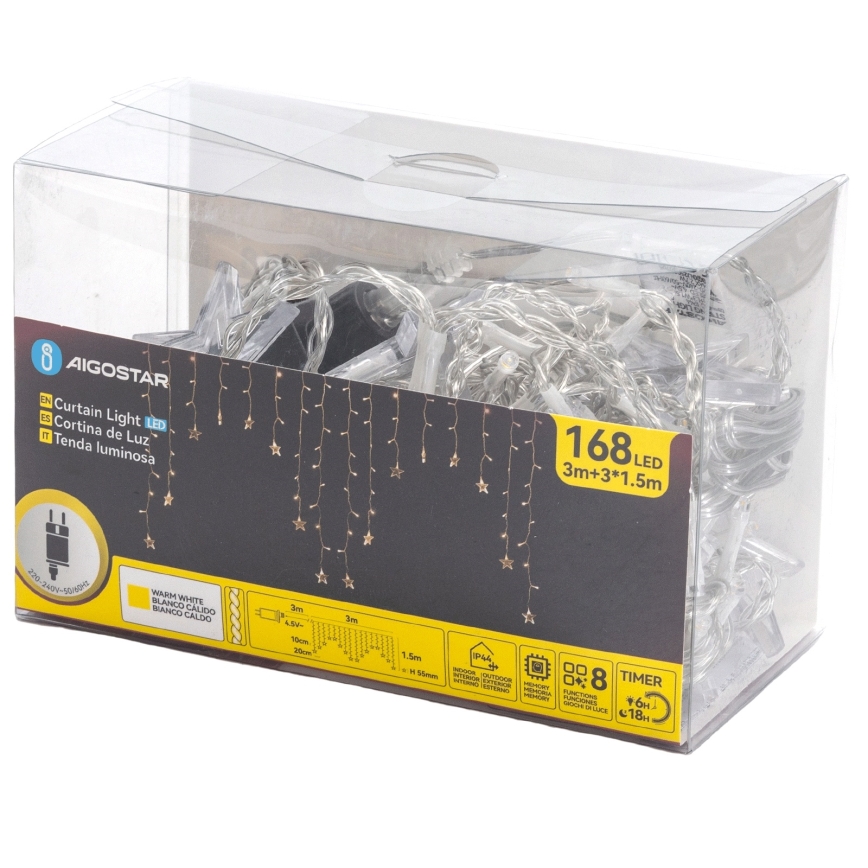 Aigostar - Lauko LED girlianda 168xLED/8 režimų, 3x1,5m, IP44, šiltai balta, su žvaigždėmis