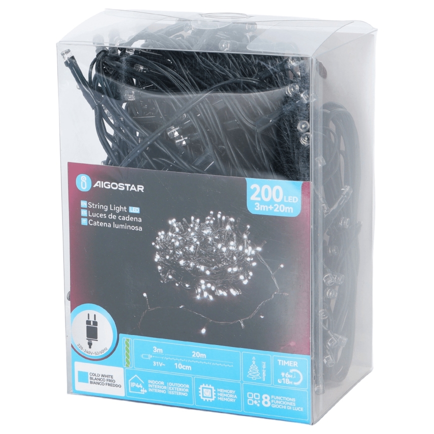 Aigostar - LED lauko girlianda 200 LED/8 režimai 20 m IP44 šaltai balta