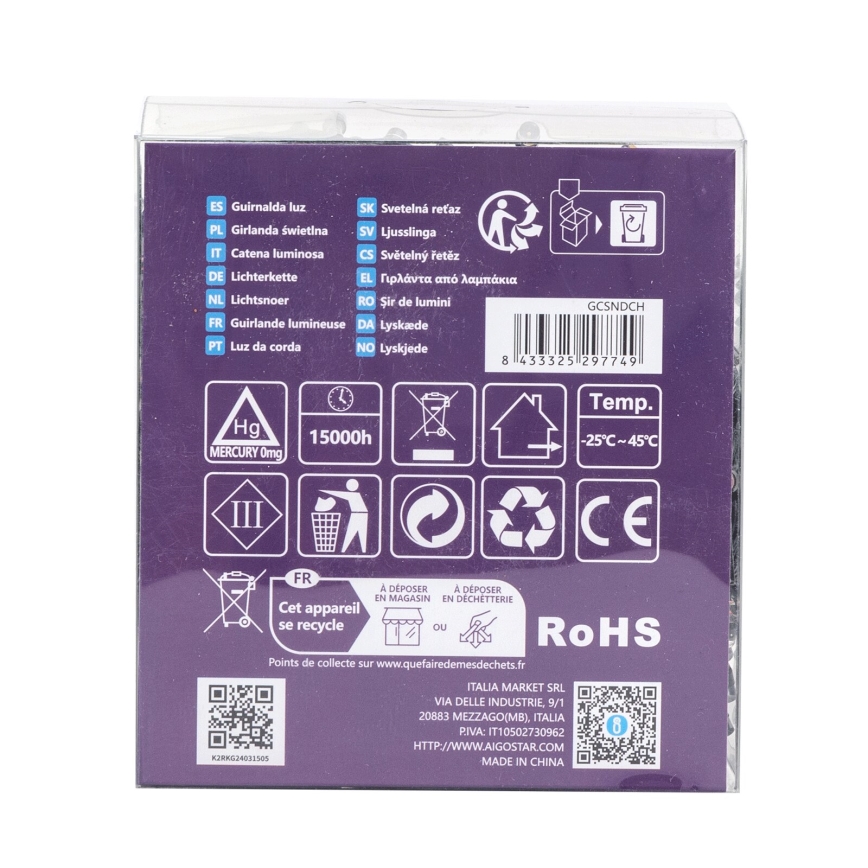 Aigostar - LED lauko girlianda, 300 LED, 8 šviesos režimai, maitinimas 3×AA, ilgis 15,3 m, IP44, daugiaspalvė