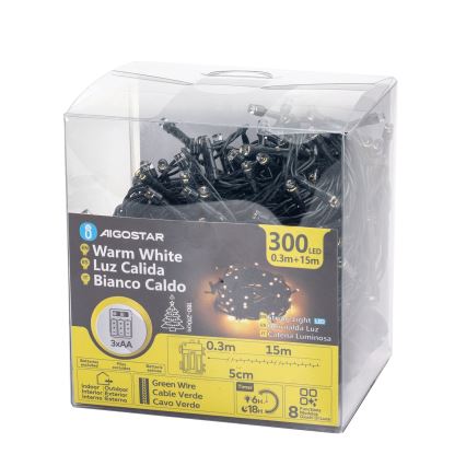 Aigostar-LED Lauko girlianda 300xLED/8 funkcijų 3xAA 15,3m IP44 šiltai balta
