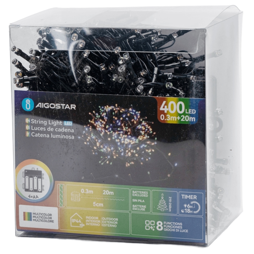 Aigostar - Lauko LED girlianda, 400 LED / 8 režimų, 4x AA, 20,3 m, IP44, daugiaspalvė