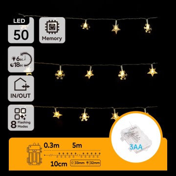 Aigostar - LED lauko girlianda, 50 LED / 8 funkcijų, 3xAA, 5 m, IP44, šiltai balta, žvaigždutės