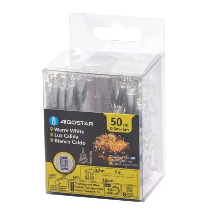 Aigostar - LED lauko girlianda 50 LED / 8 režimų, 3x AA, 5,3 m, IP44, šiltai balta