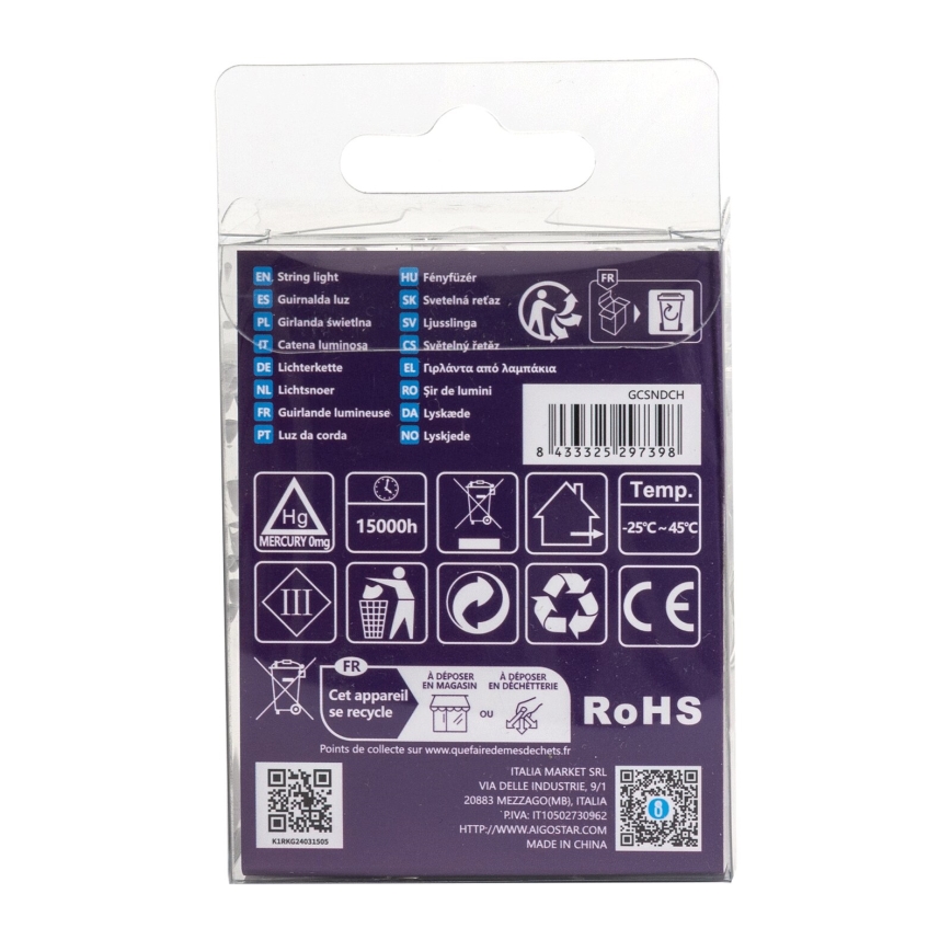 Aigostar - LED lauko girlianda 50 LED / 8 režimų, 3x AA, 5,3 m, IP44, šiltai balta