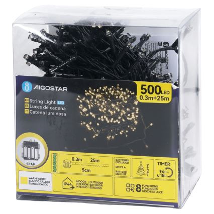 Aigostar - LED lauko girlianda 500 LED / 8 funkcijų 4xAA 25,3 m IP44 šiltai balta