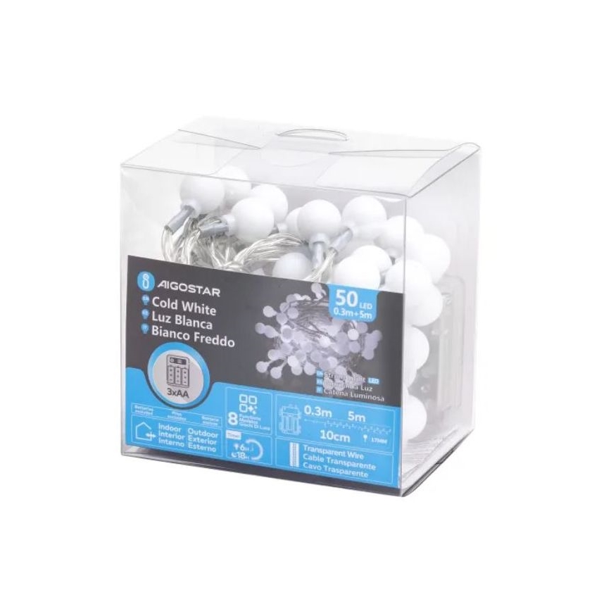 Aigostar - LED lauko girlianda 50xLED/3xAA/8 funkcijų 5,3 m IP44 šaltai balta