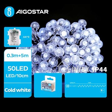 Aigostar - LED lauko girlianda 50xLED/3xAA/8 funkcijų 5,3 m IP44 šaltai balta
