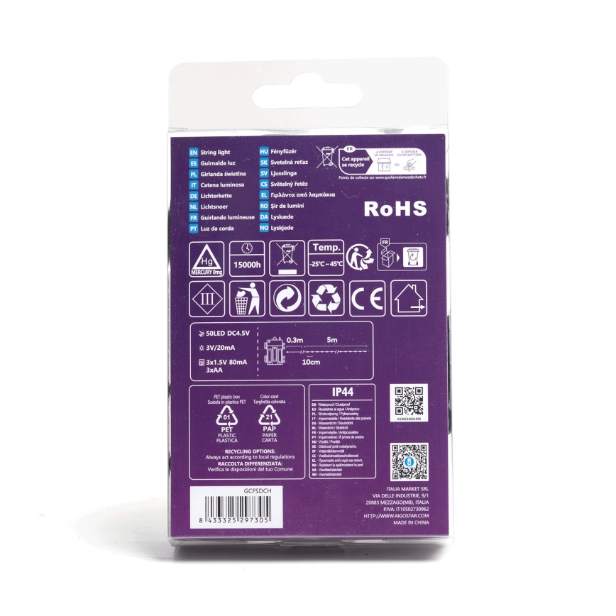 Aigostar - LED lauko girlianda 50xLED/8 funkcijų 3xAA 5,3m IP44 šiltai balta