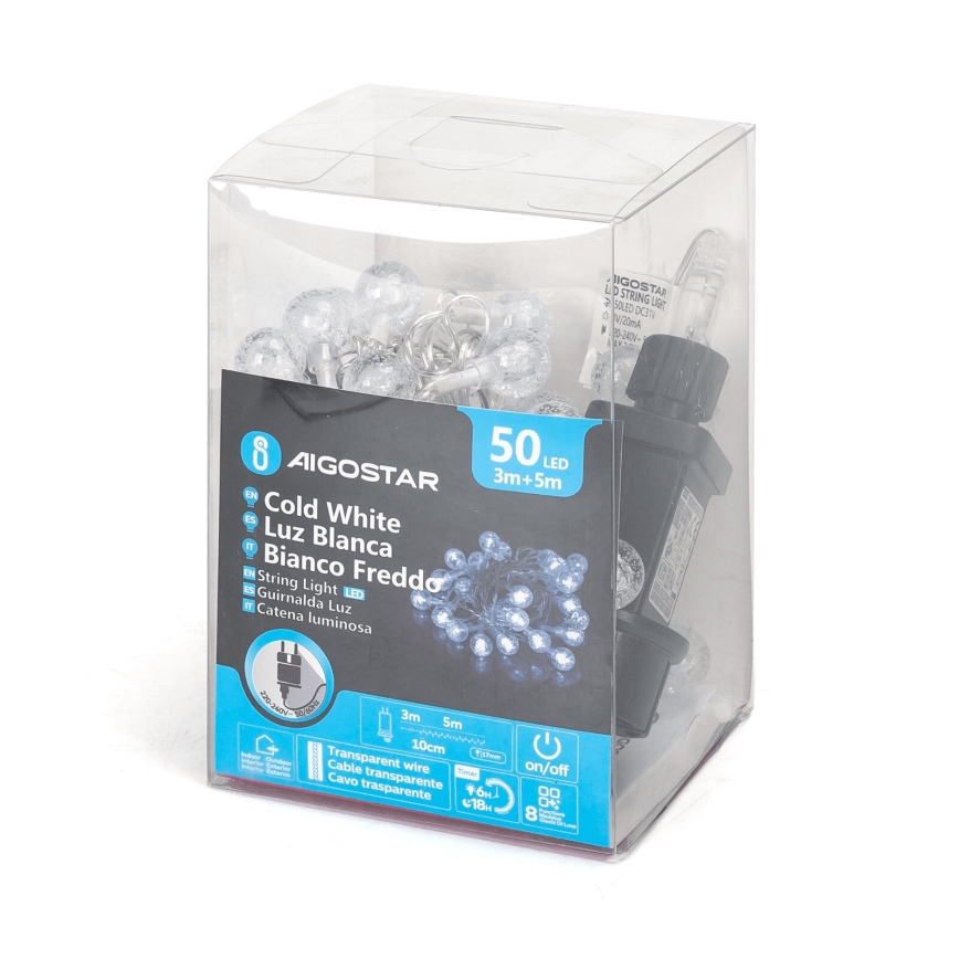 Aigostar - LED lauko girlianda 50xLED/8 funkcijų 8m IP44 šaltai balta