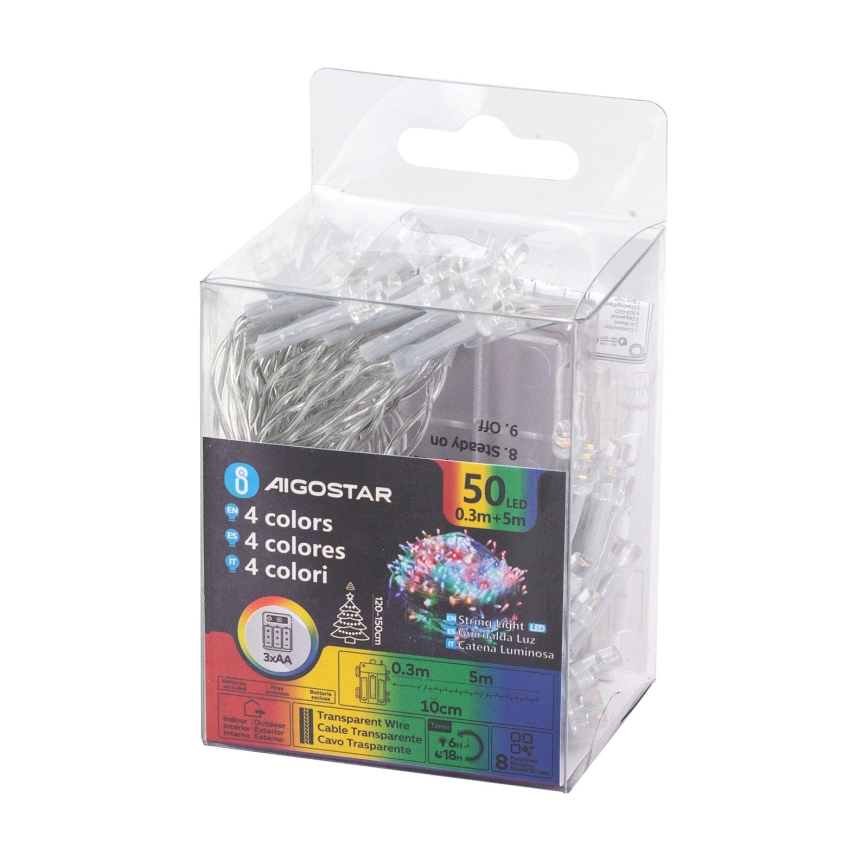 Aigostar - LED lauko girlianda 50xLED/8 režimai 3xAA 5,3 m IP44 įvairiaspalvė