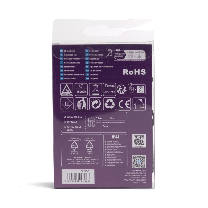 Aigostar - LED lauko girlianda 50xLED/8 režimų 3xAA 5,3m IP44 daugiaspalvė