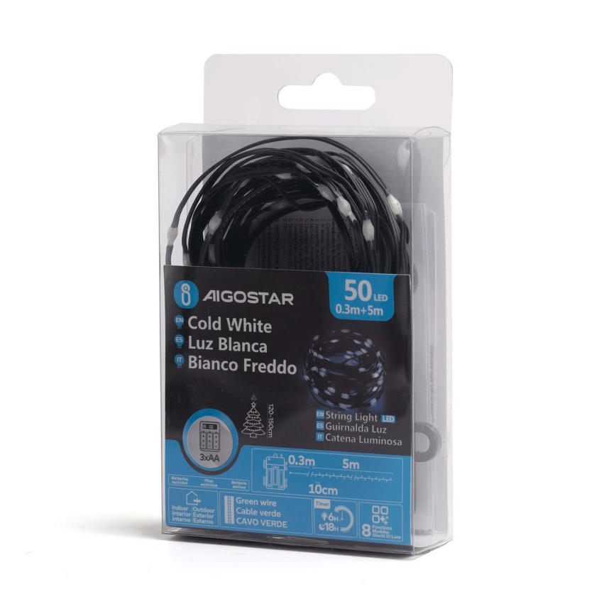 Aigostar - LED lauko girlianda 50xLED/8 režimų 3xAA 5,3m IP44 šaltai balta