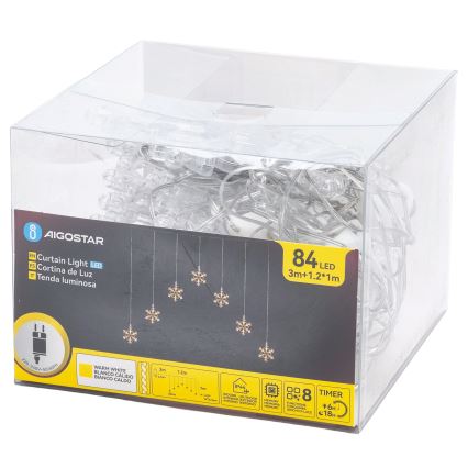 Aigostar - lauko LED girlianda, 84 LED / 8 funkcijų, 1,2×1 m, IP44, šiltai balta, su snaigėmis