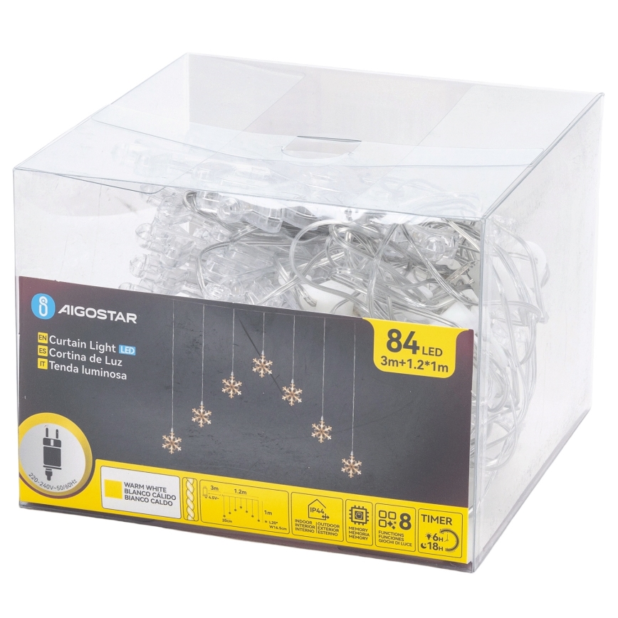 Aigostar - lauko LED girlianda, 84 LED / 8 funkcijų, 1,2×1 m, IP44, šiltai balta, su snaigėmis