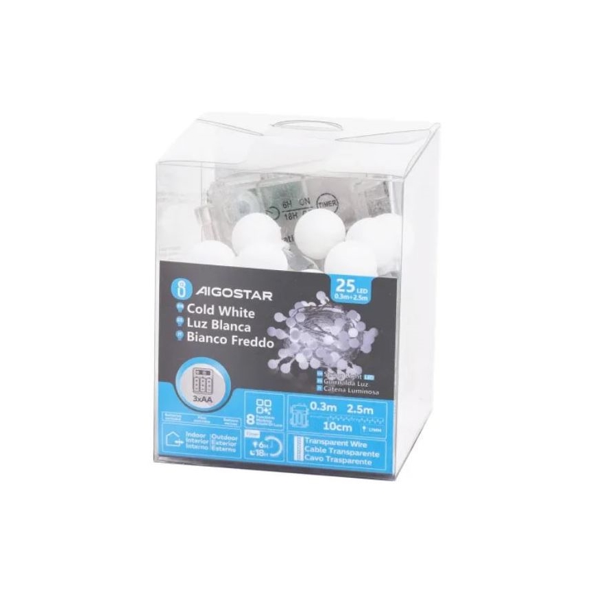 Aigostar - LED Lauko Kalėdinė girlianda 25xLED/3xAA/8 funkcijos 2,8 m IP44 šalta balta