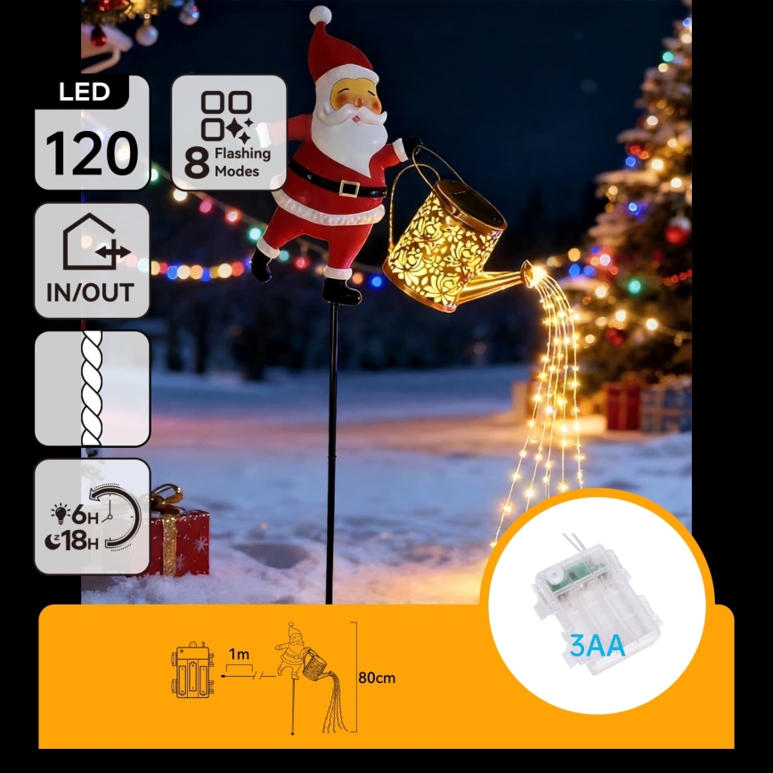 Aigostar - LED lauko kalėdinė dekoracija 120xLED/3xAA/8 funkcijų 80 cm IP44 Santa/šiltai balta