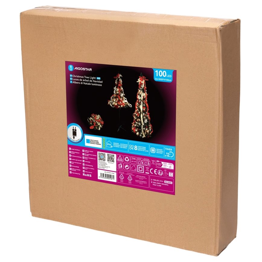 Aigostar - LED lauko kalėdinė eglutė 100xLED 1,5m IP44 raudona šaltai balta