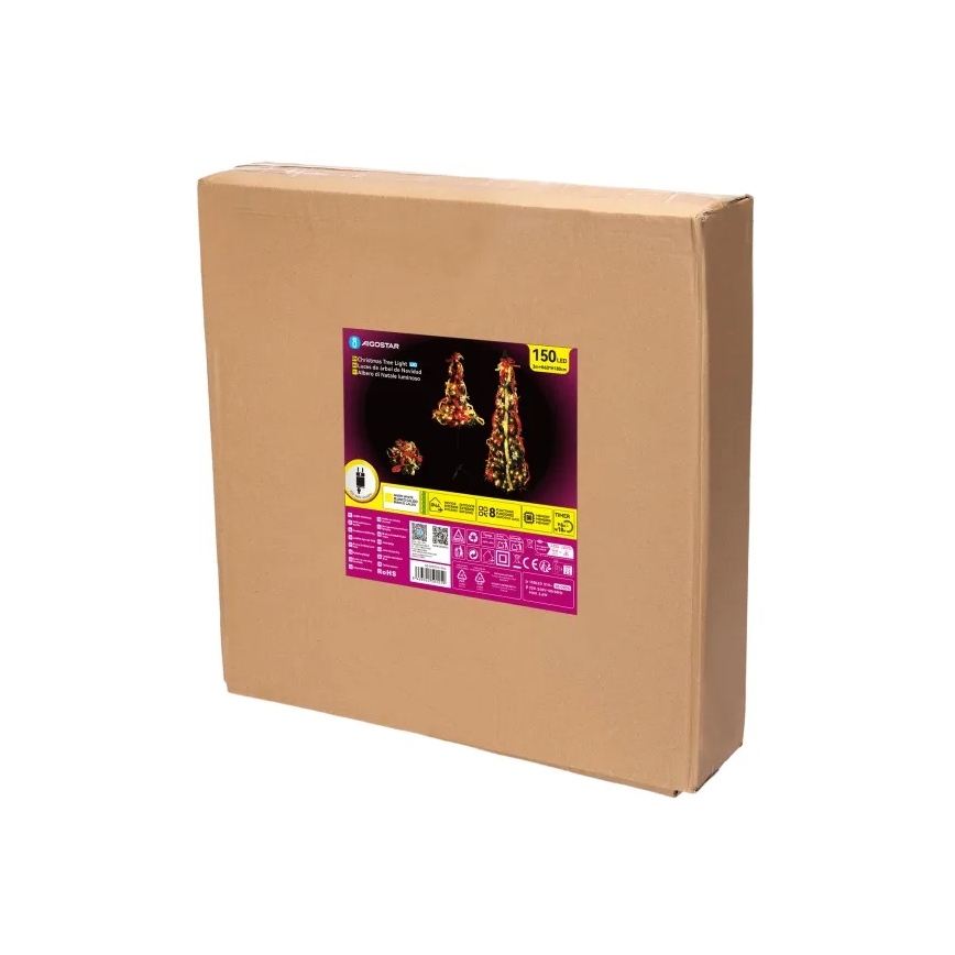 Aigostar - lauko LED kalėdinė eglutė 150 LED 1,8 m IP44 raudona/auksinė šiltai balta