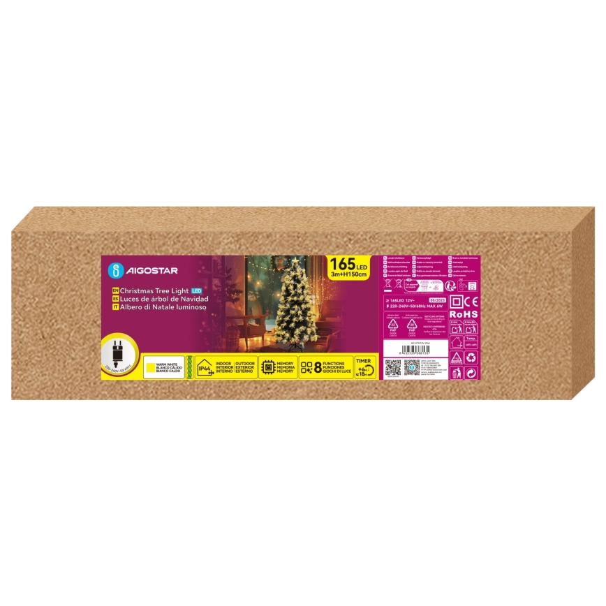 Aigostar - LED lauko Kalėdų eglutė 165 LED/8 funkcijų 1,5 m IP44 šiltai balta
