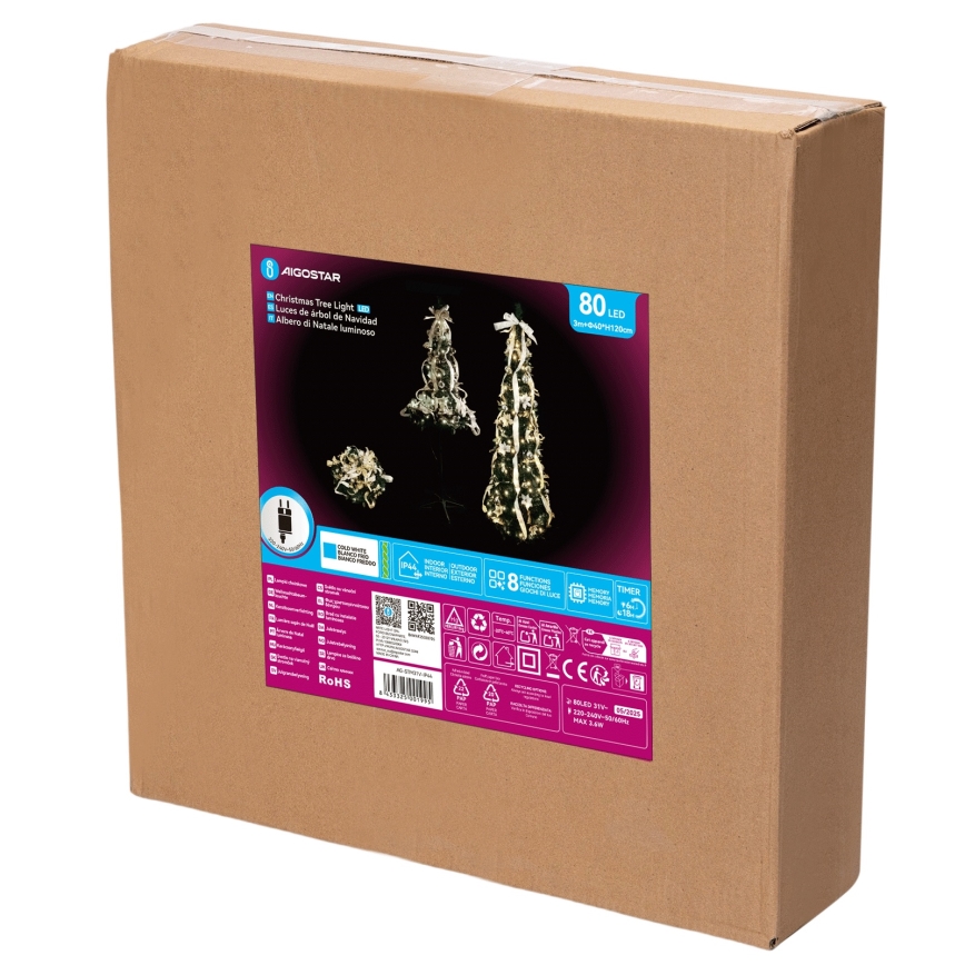 Aigostar - LED lauko kalėdinė eglutė 80xLED 1,2m IP44 balta/auksinė šaltai balta