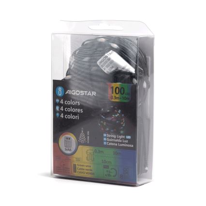 Aigostar-LED Lauko kalėdinė girlianda 100xLED/8 funkcijos 3xAA 10,3 m IP44 daugių spalvų
