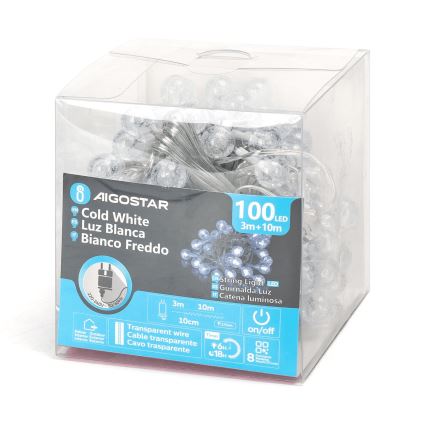 Aigostar - LED lauko kalėdinė girlianda 100 LED/8 režimai 13 m IP44 šaltai balta