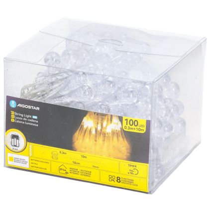 Aigostar - LED lauko kalėdinė girlianda 100xLED/8 funkcijų 3xAA 10 m IP44 šiltai balta lašo formos