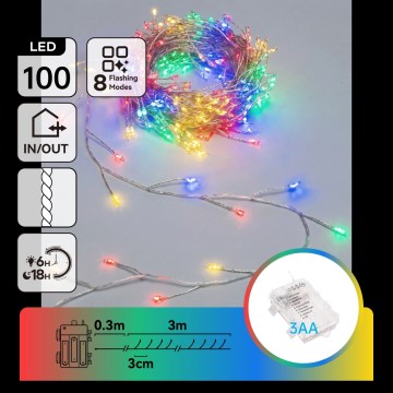Aigostar - LED lauko kalėdinė girlianda, 100 LED, su 8 funkcijomis, 3xAA, 3,3 m, IP44, daugiaspalvė