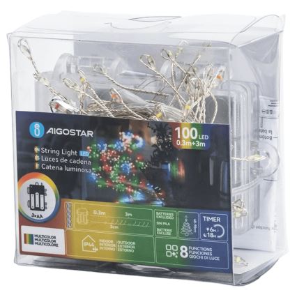 Aigostar - LED lauko kalėdinė girlianda, 100 LED, su 8 funkcijomis, 3xAA, 3,3 m, IP44, daugiaspalvė