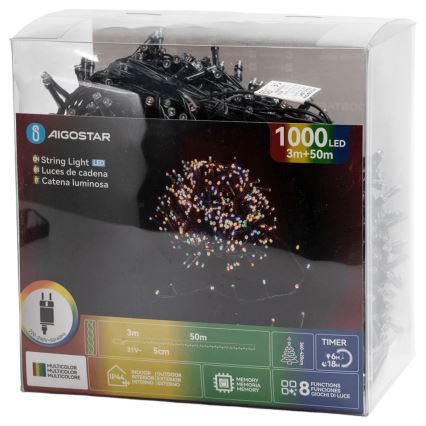 Aigostar - LED lauko kalėdinė girlianda, 1000 LED, 8 funkcijos, 53 m, IP44, įvairiaspalvė