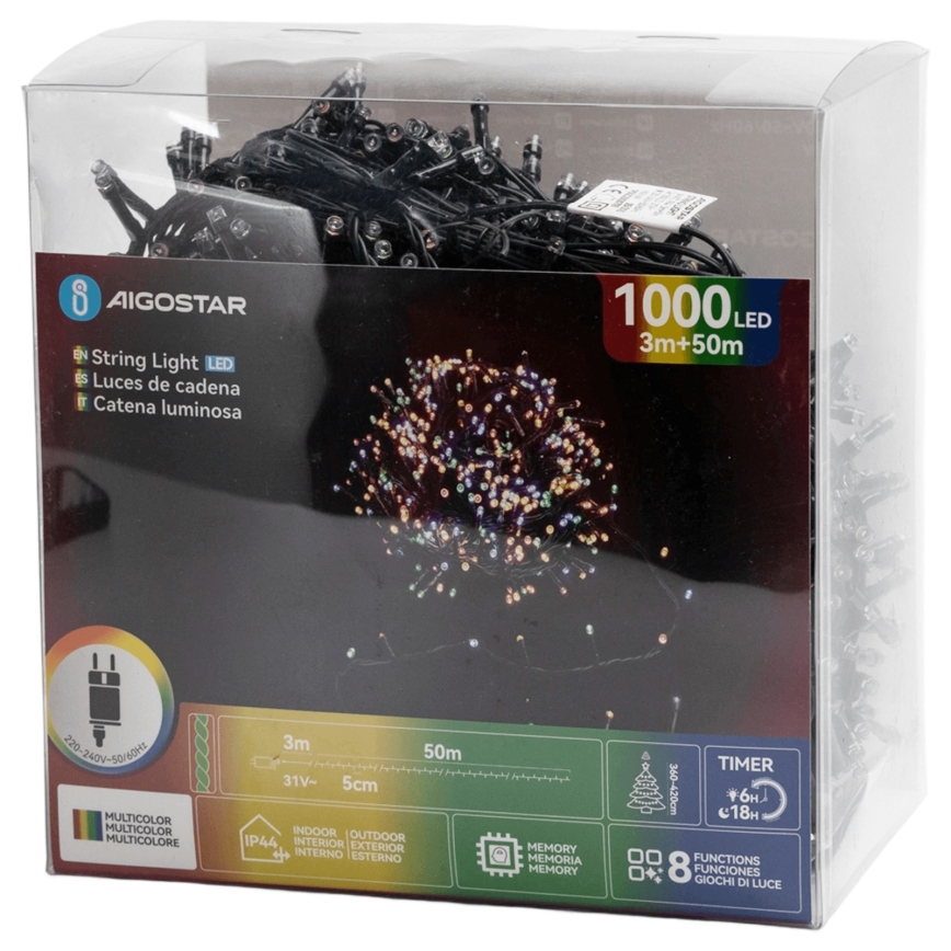 Aigostar - LED lauko kalėdinė girlianda, 1000 LED, 8 funkcijos, 53 m, IP44, įvairiaspalvė