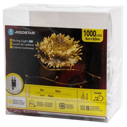 Aigostar - LED lauko kalėdinė girlianda 1000 LED/8 funkcijų 50 m IP44 šiltai balta