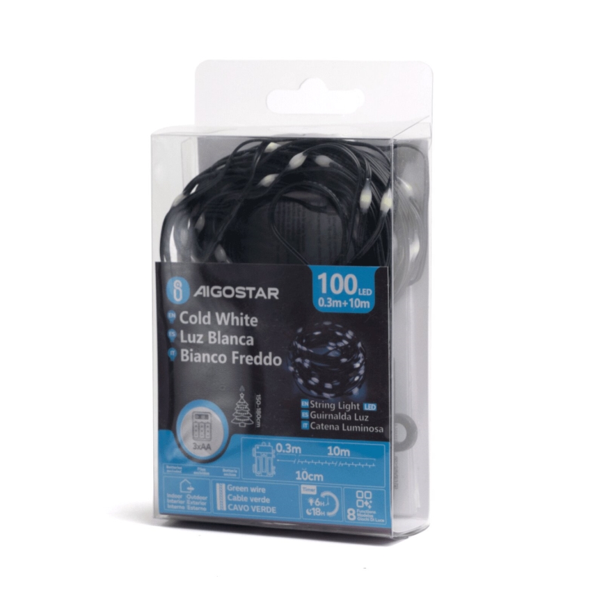 Aigostar - LED Lauko Kalėdinė girlianda 100xLED/8 funkcijos 10,3m IP44 šalta balta