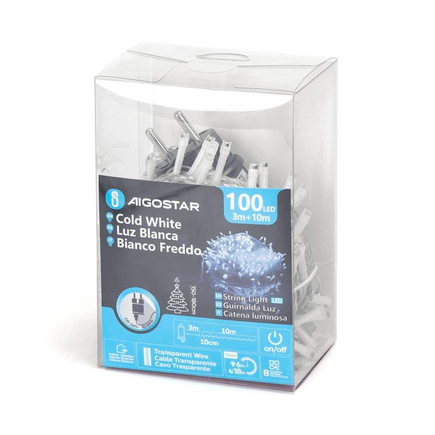 Aigostar - LED Lauko Kalėdinė girlianda 100xLED/8 funkcijos 13m IP44 šalta balta