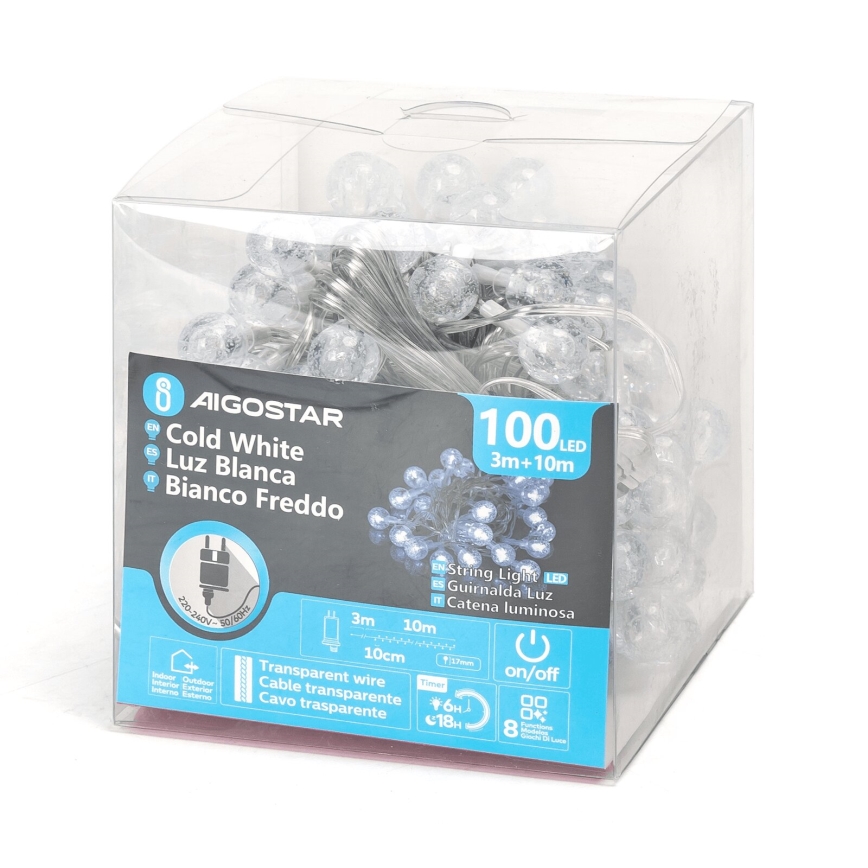 Aigostar - LED Lauko Kalėdinė girlianda 100xLED/8 funkcijos 13m IP44 šalta balta