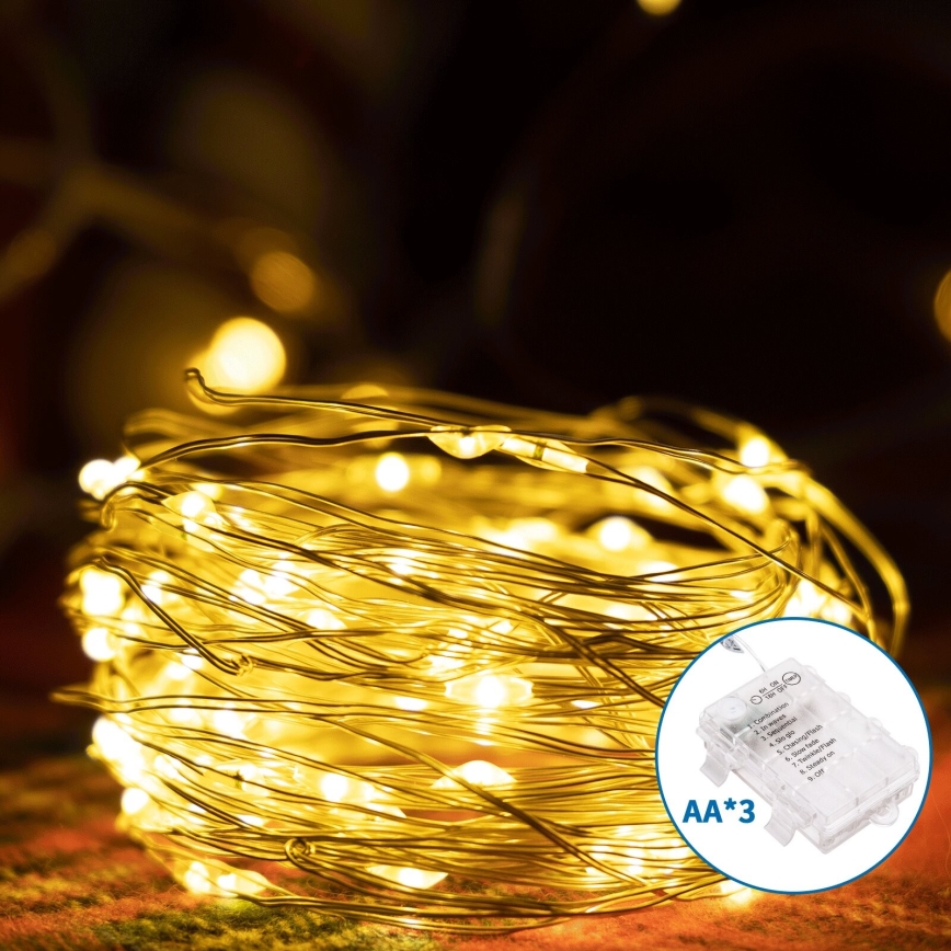 Aigostar -LED Lauko Kalėdinė girlianda 100xLED/8 funkcijos 3xAA 10,3m IP44 šilta balta