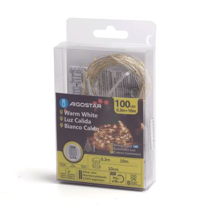 Aigostar -LED Lauko Kalėdinė girlianda 100xLED/8 funkcijos 3xAA 10,3m IP44 šilta balta