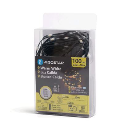 Aigostar - LED Lauko Kalėdinė girlianda 100xLED/8 funkcijos 3xAA 10,3m IP44 šilta balta