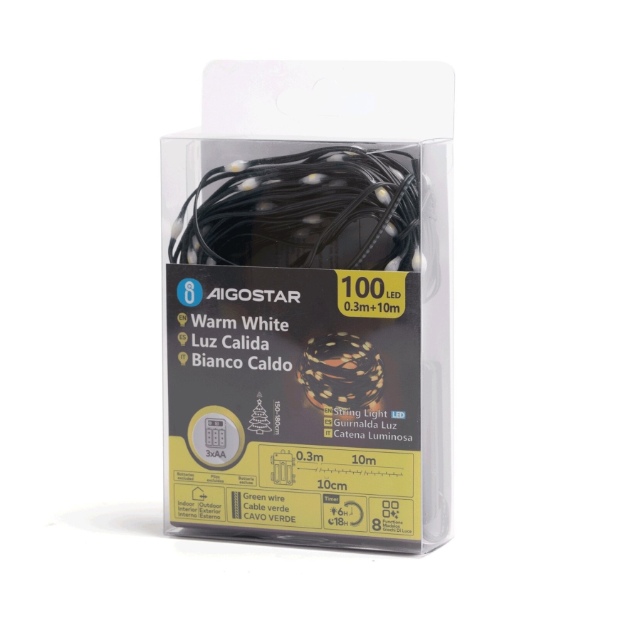 Aigostar - LED Lauko Kalėdinė girlianda 100xLED/8 funkcijos 3xAA 10,3m IP44 šilta balta