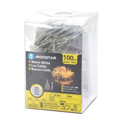 Aigostar -LED Lauko Kalėdinė girlianda 100xLED/8 funkcijos 3xAA 10,3m IP44 šilta balta