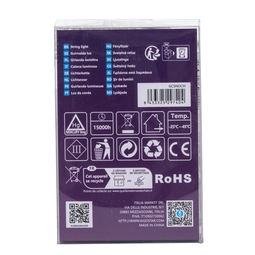 Aigostar -LED Lauko Kalėdinė girlianda 100xLED/8 funkcijos 3xAA 10,3m IP44 šilta balta
