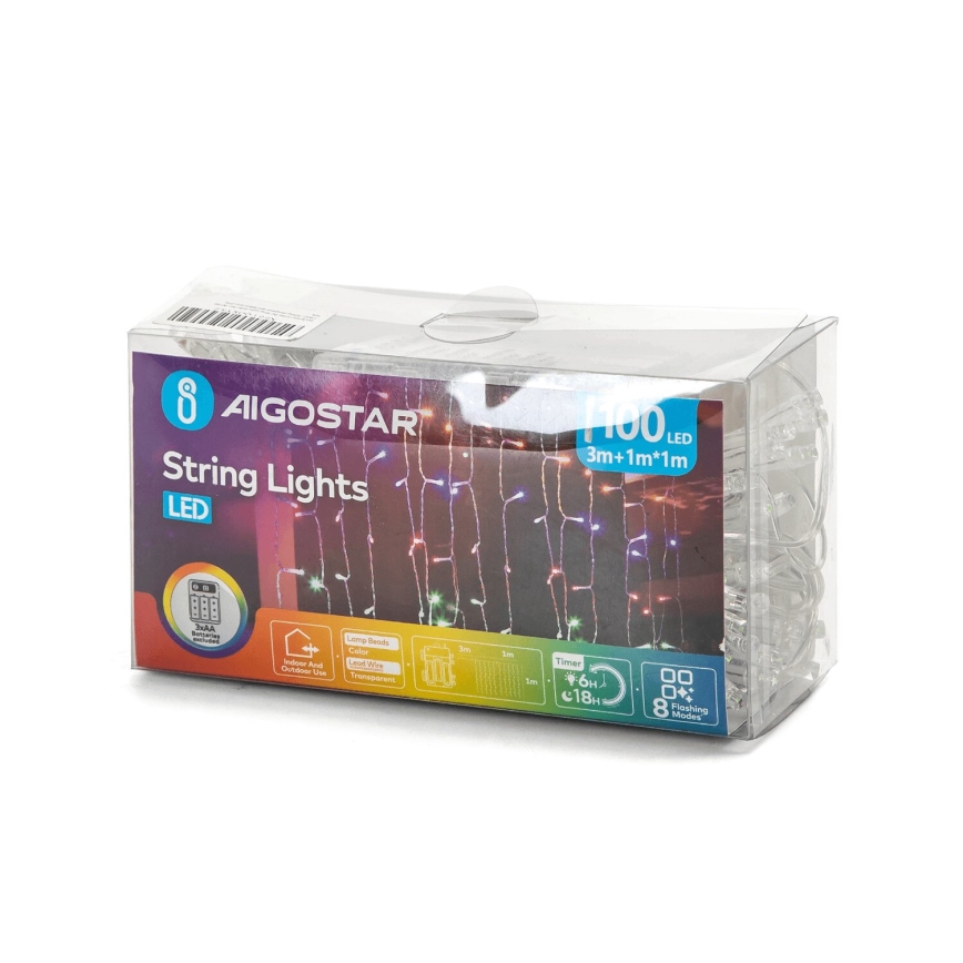 Aigostar - LED Lauko Kalėdinė girlianda 100xLED/8 funkcijos 3xAA 4x1m IP44 daugiaspalvis
