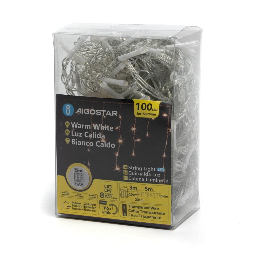 Aigostar-LED Lauko Kalėdinė girlianda 100xLED/8 funkcijos 3xAA 8x0,6m IP44 šilta balta