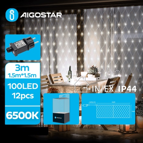 Aigostar- LED Lauko Kalėdinė girlianda 100xLED/8 funkcijos 4,5x1,5m IP44 šalta balta