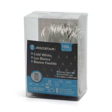 Aigostar -LED Lauko Kalėdinė girlianda 100xLED/8 funkcijos 4,5x1,5m IP44 šalta balta