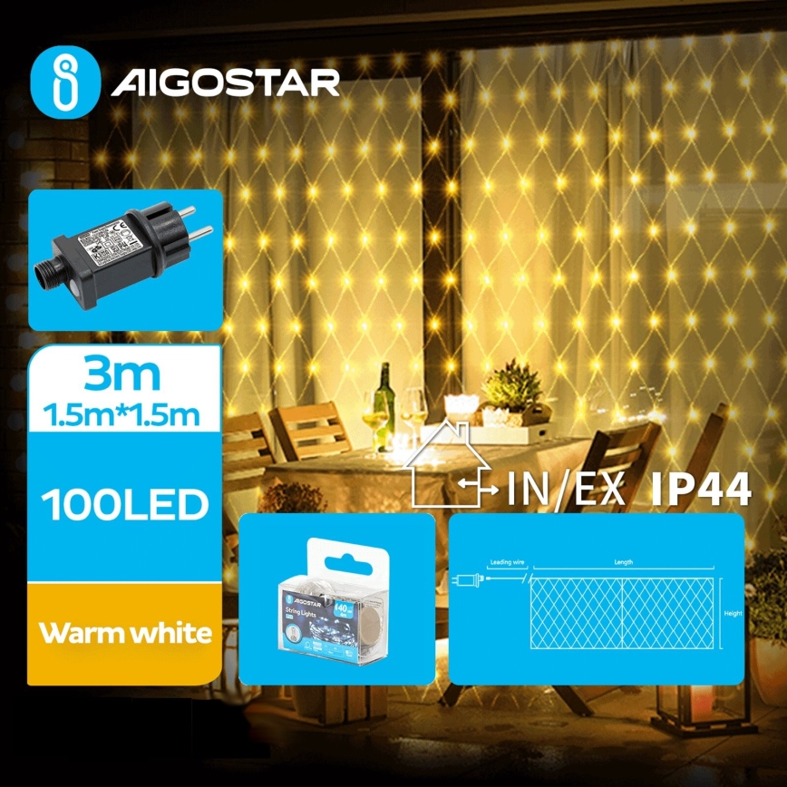 Aigostar - LED Lauko Kalėdinė girlianda 100xLED/8 funkcijos 4,5x1,5m IP44 šilta balta